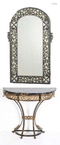 BRONZE AND WROUGHT IRON, MARBLE TOP CONSOLE WITH MIRROR, H 4...