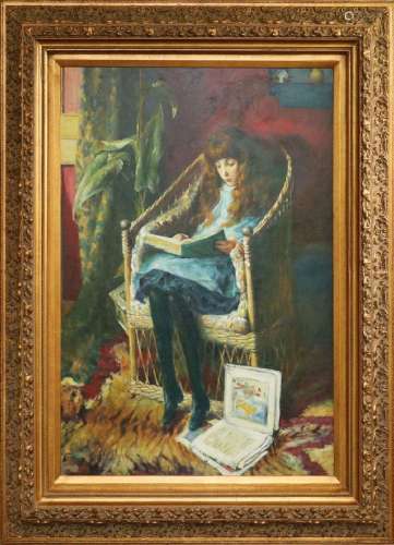 UNSIGNED OIL ON CANVAS, H 39", W 29", SEATED GIRL ...