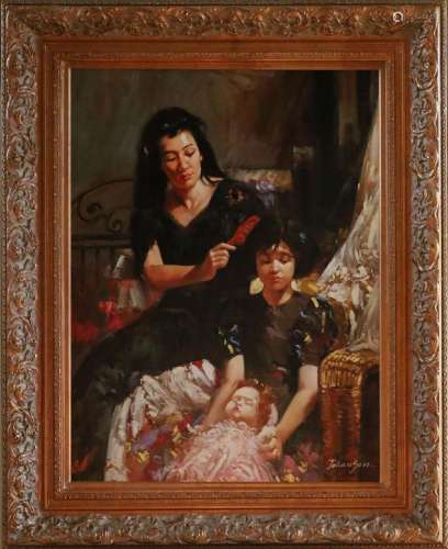 JOHANSON, OIL ON CANVAS, H 39", W 29", MOTHER AND ...