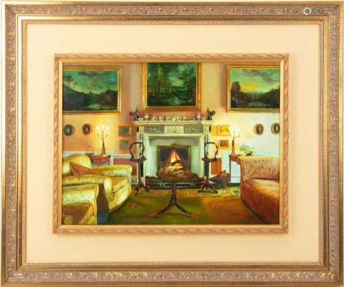 S. LEE, OIL ON PANEL, H 12", W 16", FIREPLACE, 2 C...