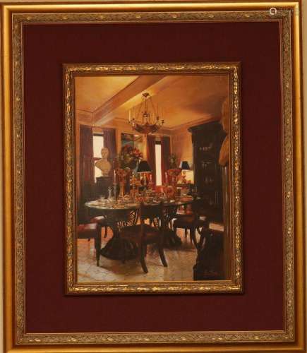 S. LEE, OIL ON PANEL, H 16", W 11.5", DINING ROOM ...
