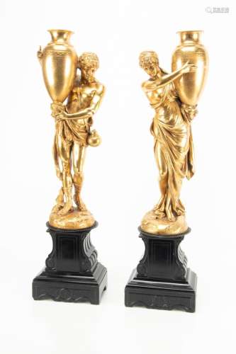 GILDED METAL FIGURES ON MARBLE BASES, PAIR, H 26.5", W ...