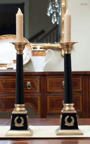 EMPIRE STYLE PATINATED METAL CANDLESTICKS, PAIR, H 16",...