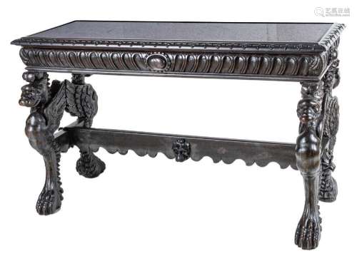 RENAISSANCE STYLE CARVED MAHOGANY CONSOLE TABLE, H 36",...