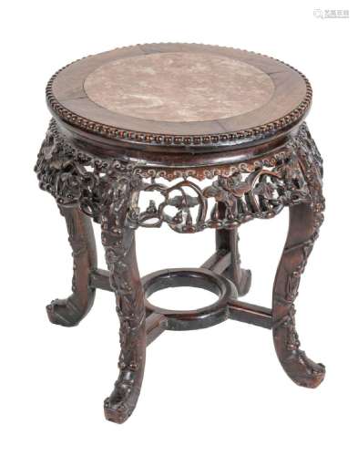 CHINESE CARVED TEAKWOOD TABLE, MARBLE INLAY TOP, H 19",...