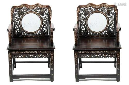 CHINESE ROSEWOOD, MARBLE & MOTHER OF PEARL CHAIRS, C. 19...