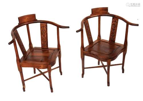 CHINESE CARVED WOOD CORNER CHAIRS, PAIR, H 31" W 26&quo...