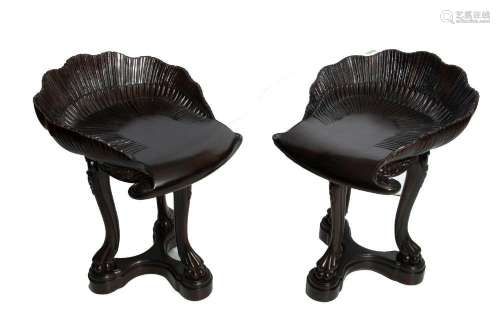 CARVED MAHOGANY SHELL FORM STOOLS, SET OF FOUR H 25" W ...