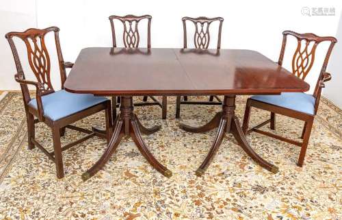 MAHOGANY DINING TABLE AND EIGHT CHAIRS, 20TH C., H 30",...