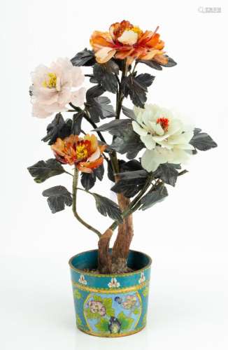 CHINESE HARDSTONE FLOWER BOUQUET IN CLOISONNE POT, H 20"...