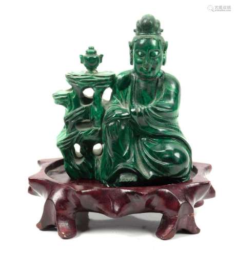 CHINESE CARVED MALACHITE SEATED FIGURE H 4.5" W 3.5&quo...