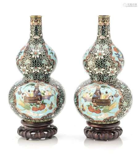 CHINESE CLOISONNE PAIR OF DOUBLE GOURD VASES, H 12.5" D...