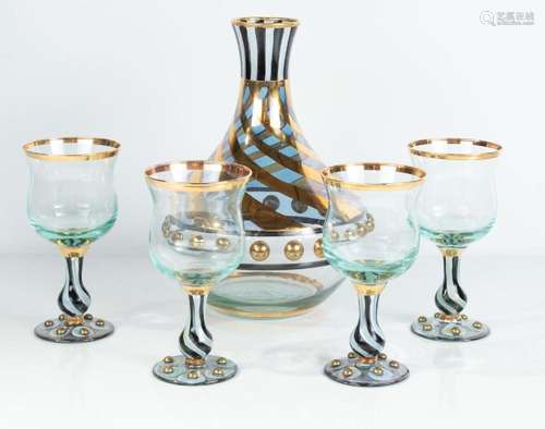 MACKENZIE-CHILDS GLASS WINE DECANTER & STEMWARE, 5 PCS, ...