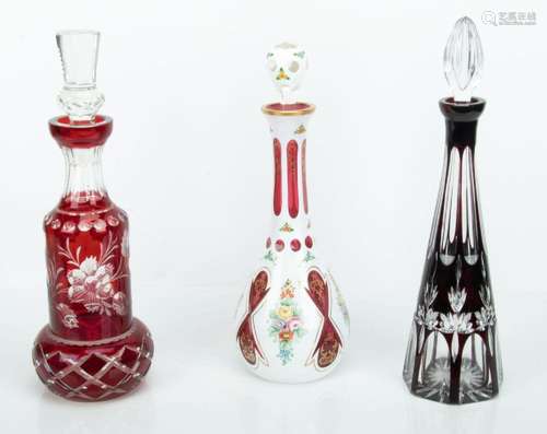 BOHEMIAN GLASS DECANTERS, C. 1900, 3 PCS., H 15"-17&quo...