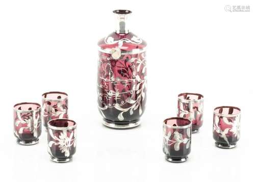 SILVER OVERLAY GLASS DECANTER AND SIX GLASSES H 7" DIA ...