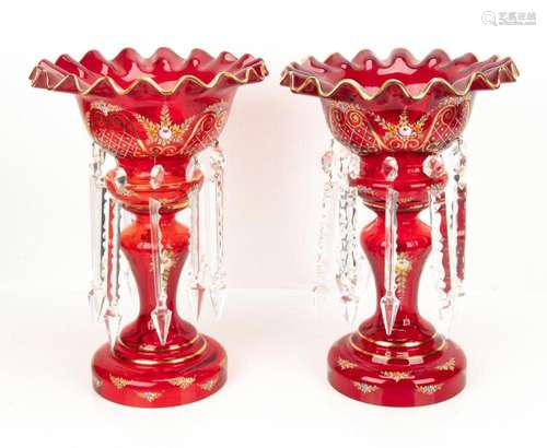 RUBY CRYSTAL MANTEL LUSTRES, PAIR, H 15", DIA 11"