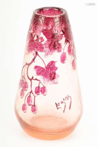 LEGRAS CAMEO ART GLASS VASE, H 8", DIA 4"