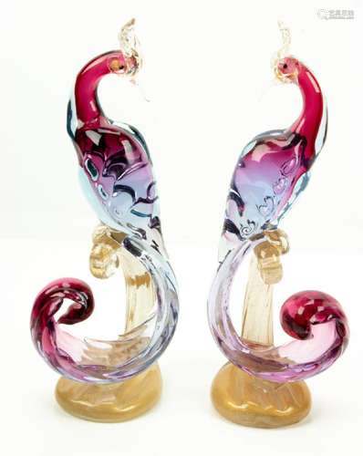 MURANO BLOWN GOLD AND CRANBERRY GLASS PHOENIX BIRDS, PAIR H ...