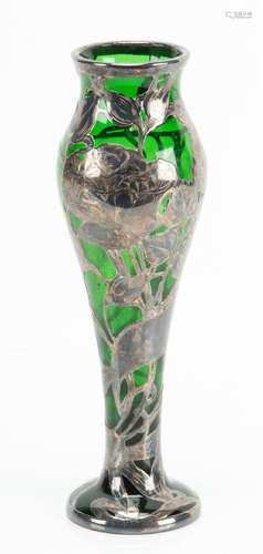 ART NOUVEAU GREEN CRYSTAL, STERLING OVERLAY VASE CIRCA 1920,...