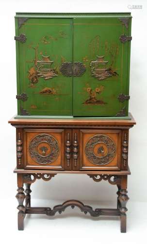 CHINOISERIE DECORATED CABINET, C. 1920 H 65", W 37"...