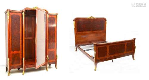 FRENCH NEOCLASSICAL BRONZE ORMOLU MOUNTED, BURL WOOD BED FRA...