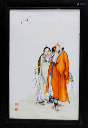 民國 汪曉棠 粉彩人物瓷板(框)