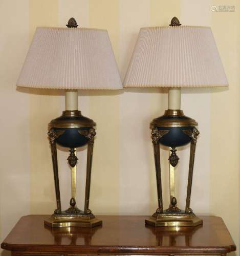 EMPIRE INFLUENCE BRASS AND BLACK PATINATED METAL TABLE LAMPS...