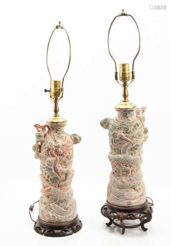 PAIR OF CHINESE CERAMIC AND WOOD TABLE LAMPS, H 30" OVE...