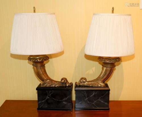 MODERN CORNUCOPIA STYLE TABLE LAMPS, PAIR, H 28", L 15&...