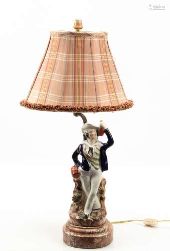 STAFFORDSHIRE FIGURINE MOUNTED TABLE LAMP, 19TH C, H 20"...