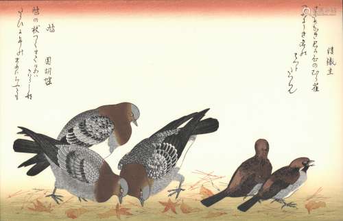 喜多川歌麿  雀与鸠 木刻版画