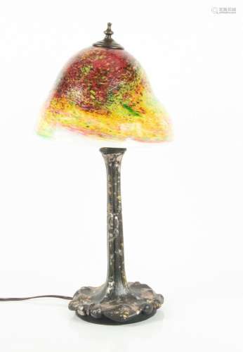 DISTRESSED PATINATED METAL AND BLOWN GLASS TABLE LAMP, H 24&...
