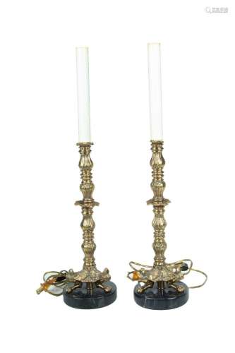 PAIR OF BRASS AND MARBLE, CANDLESTICK FORM LAMPS, H 26"...