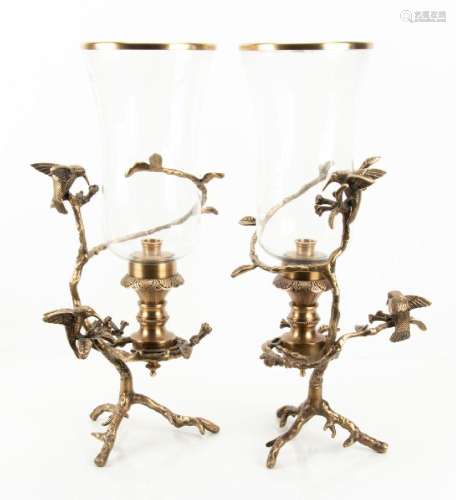 BRASS OIL LAMPS, TWIG FORM BASES WITH HUMMING BIRDS, PAIR, H...