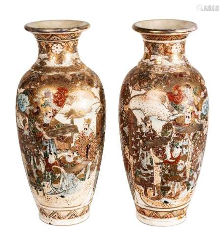 PAIR OF JAPANESE, SATSUMA EARTHENWARE POTTERY VASES, H 18&qu...