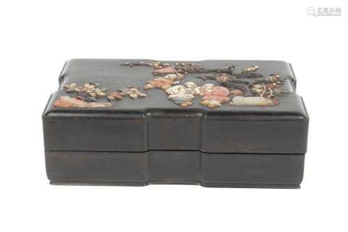 CHINESE ZITAN WOOD & STONE BOX, W 7", L 11.75