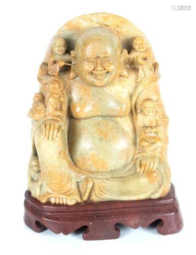 CHINESE CARVED SOAPSTONE SCULPTURE OF BUDDHA, H 8" L 6....