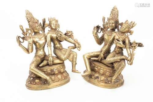 INDIAN GILDED BRONZE SCULPLTURES, PAIR, H 7", W 7"...