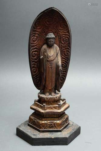 TIBETAN GILT WOOD SCULPTURE, 18/19TH C, H 13.5", W 7&qu...