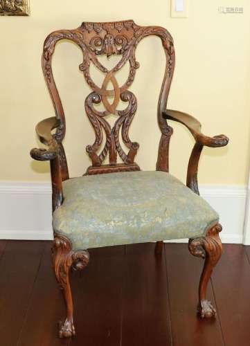 CHIPPENDALE STYLE, CARVED MAHOGANY OPEN ARM CHAIR, H 40"...