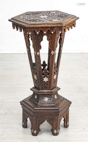 MOORISH CARVED WOOD, MOTHER OF PEARL INLAY PEDESTAL TABLE, H...