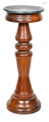 TURNED MAHOGANY MARBLE TOP PEDESTAL, H 31", DIA 12"...