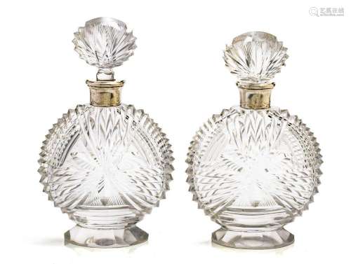 CONTINENTAL CUT CRYSTAL, 800 SILVER DECANTERS, PAIR, H 8.75&...