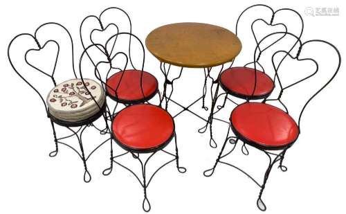 WIRE AND OAK CAFE TABLE AND 5 CHAIRS C 1900 H 29" DIA 2...