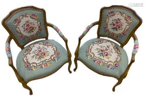 CARVED WALNUT FRENCH STYLE OPEN ARM CHAIRS, C 1950 PAIR H 35...