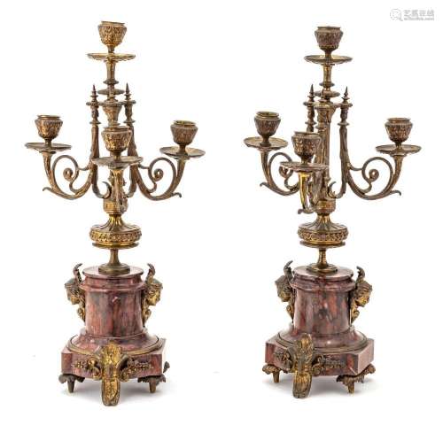 FRENCH BRONZE AND MARBLE CANDELABRUM, 19TH.C. PAIR H 18"...