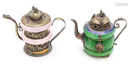CHINESE STONE EMBELLISHED SILVER TEAPOTS WITH ROSE AND GREEN...