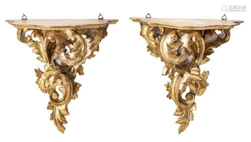 FLORENTINE GILT WOOD WALL SHELVES, PAIR, H 11", W 10.75...