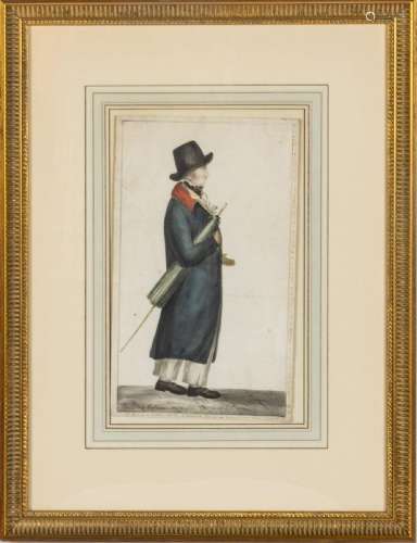 R. FISCHER, HAND COLORED PRINT ON PAPER, H 13", W 7.75&...
