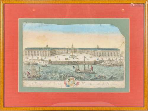 HAND-COLORED PRINT ON PAPER, H 12", W 19.25", VEUE...